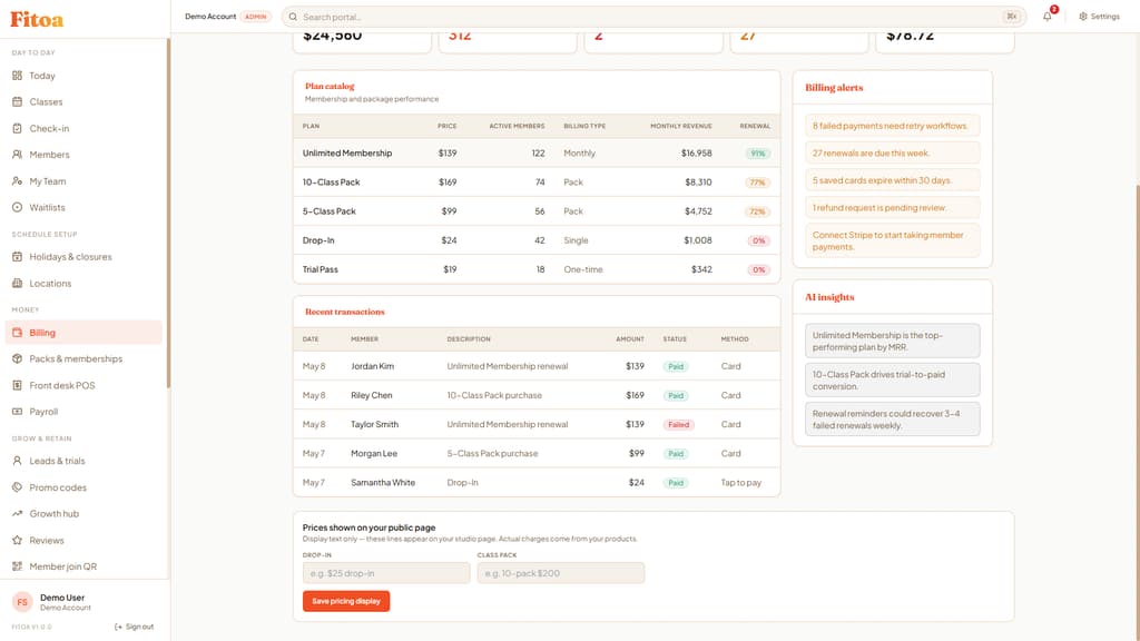 The Fitoa billing view: a plan catalog with active members and monthly revenue per plan, recent member transactions, and AI insights on plan performance.