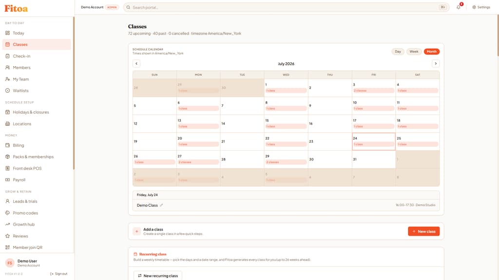 The Fitoa class calendar for July, showing 72 upcoming classes across a populated month with the selected day's session, time and studio listed underneath.
